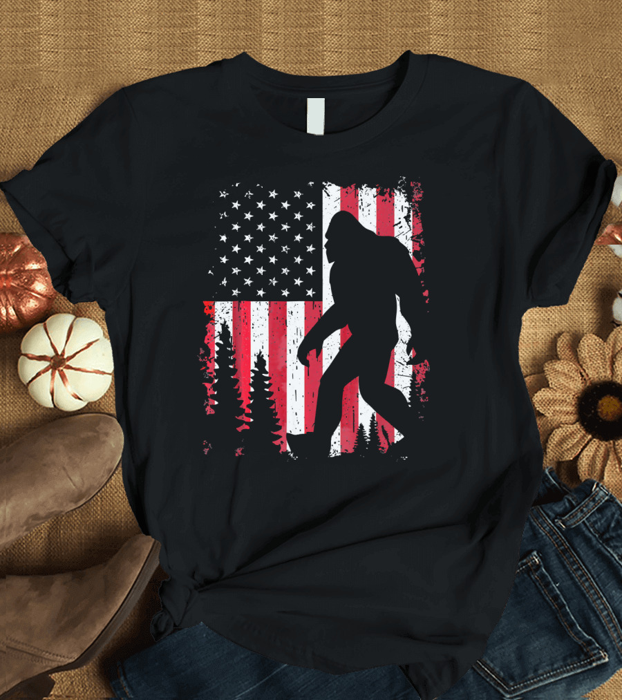 Bigfoot American Flag USA 4th of July T-Shirt