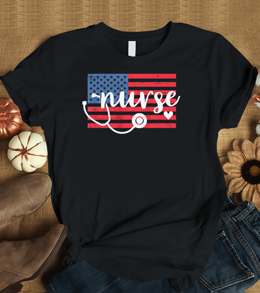 Nurse American Flag with Stethoscope and Heart T-Shirt