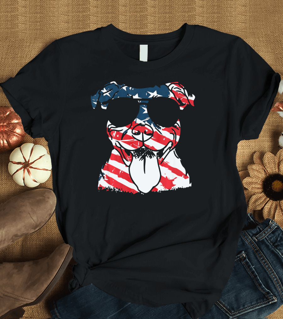 4th Of July Pitbull with American Flag Sunglasses and Stars Stripes T-Shirt