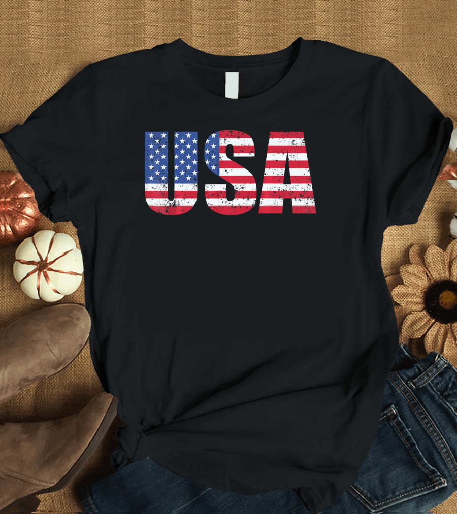USA Flag American Patriotic Stars and Stripes Bold Lettering T-Shirt