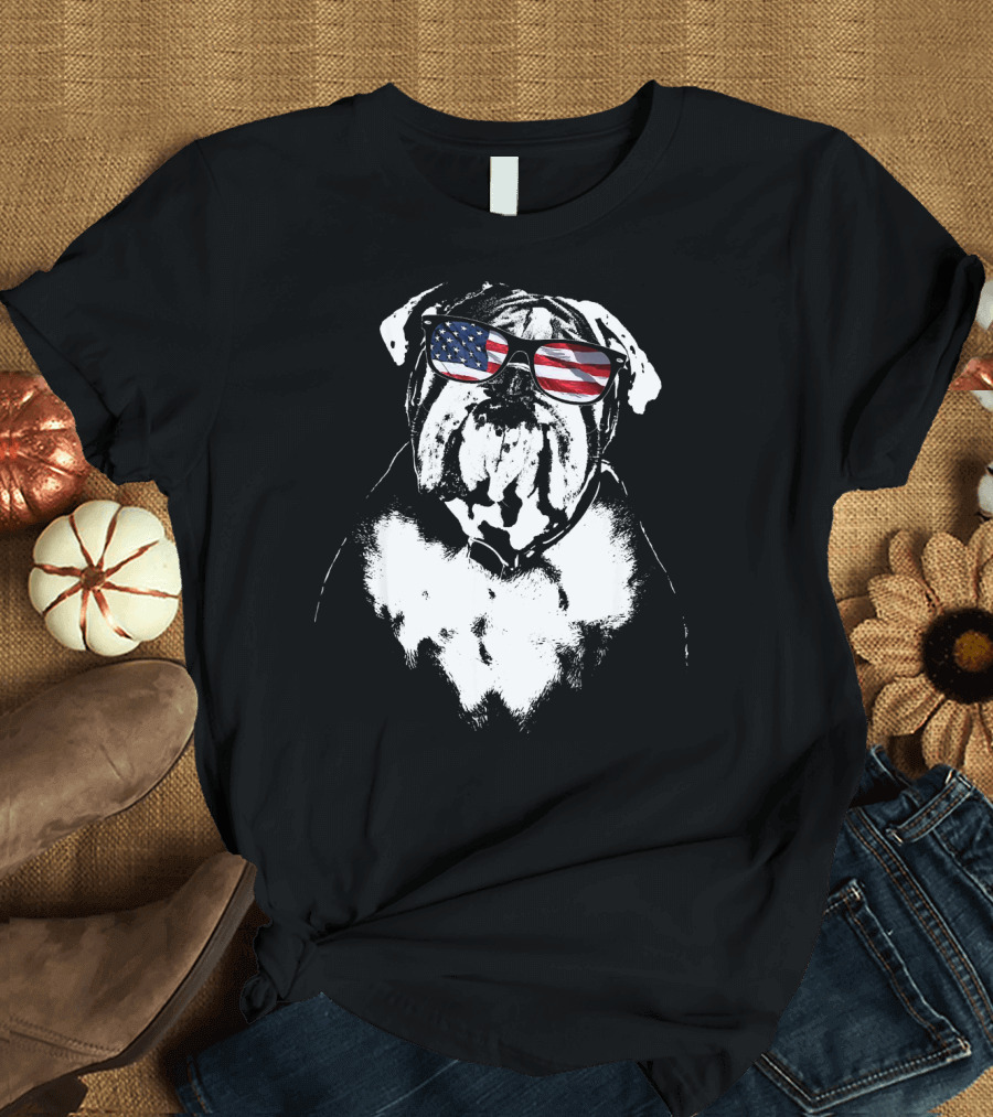 English Bulldog with American Flag Sunglasses 4th of July Patriotic T-Shirt
