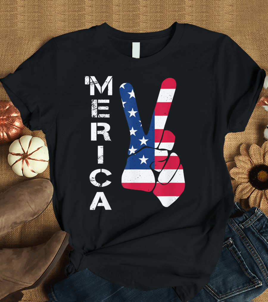 MERICA Peace Sign Hand Stars Stripes 4th Of July T-Shirt