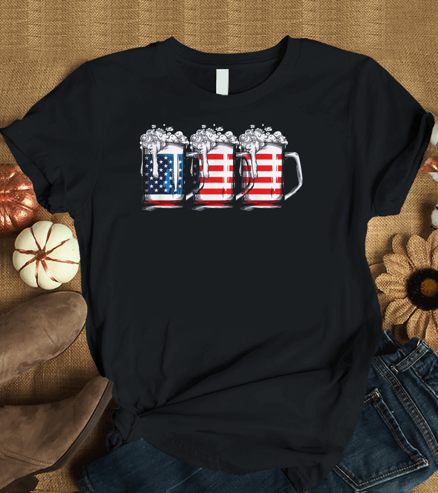 American Flag Beer Mugs 4th of July T-Shirt