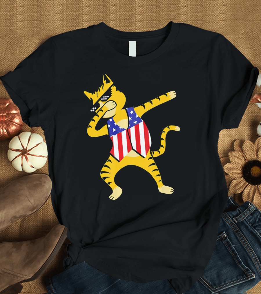 Dabbing Cat in American Flag Vest for 4th of July T-Shirt