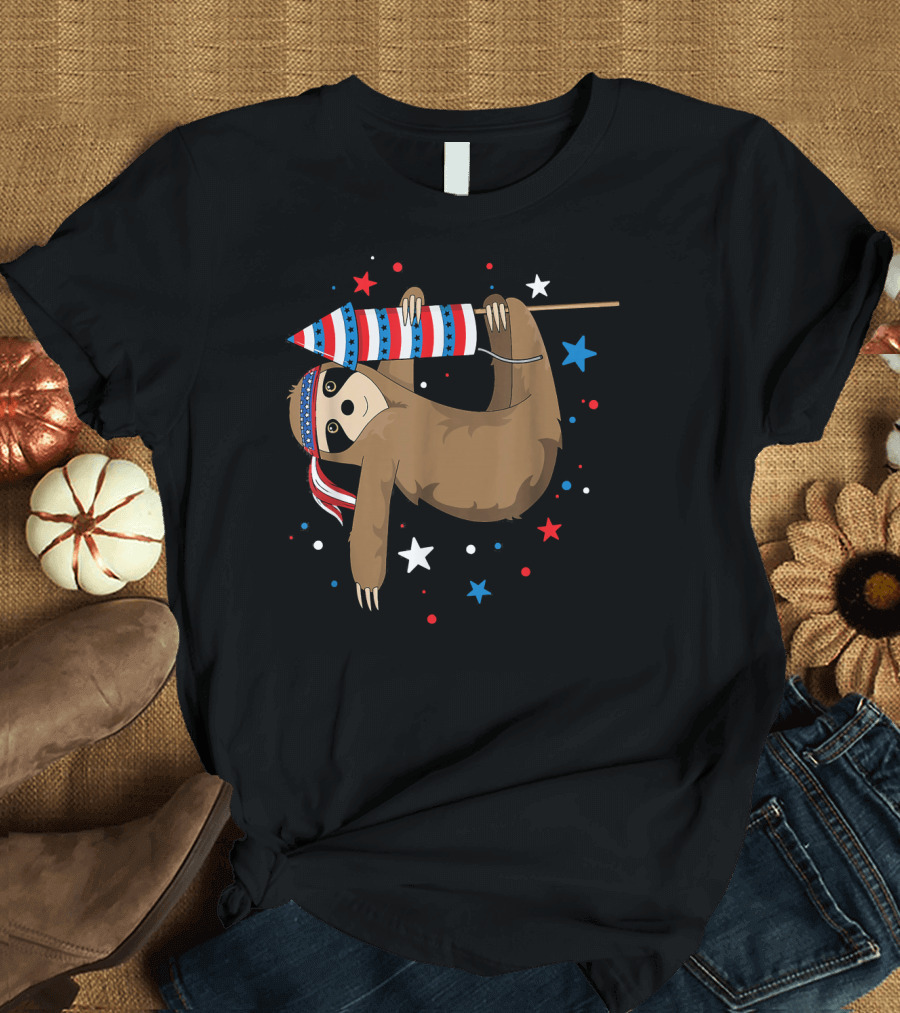 Sloth Holding Firework with Stars and Stripes for 4th of July Women T-Shirt