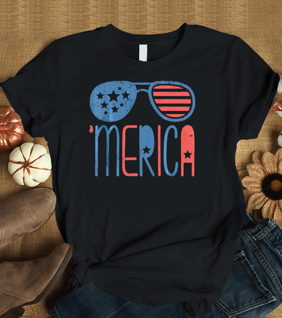 '4th of July Patriotic 'Merica Aviators with Stars and Stripes' T-Shirt