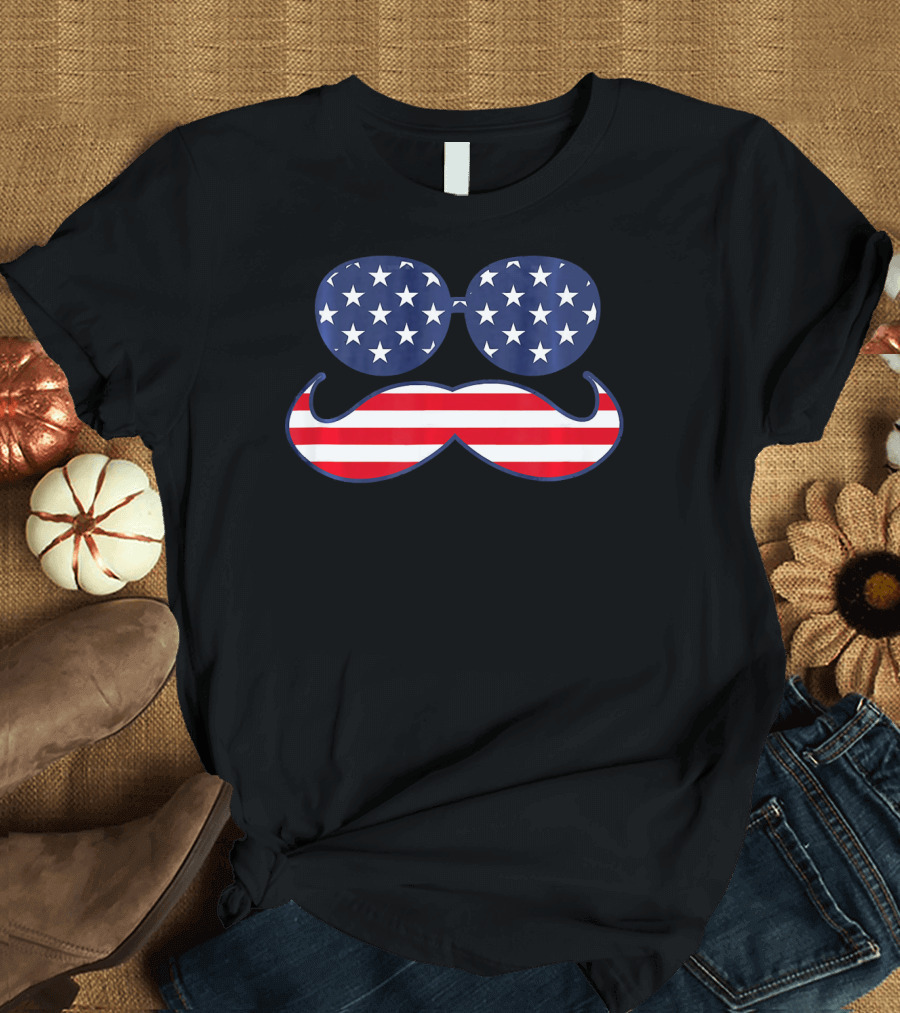 Funny Mustache USA Flag Sunglasses 4th of July T-Shirt