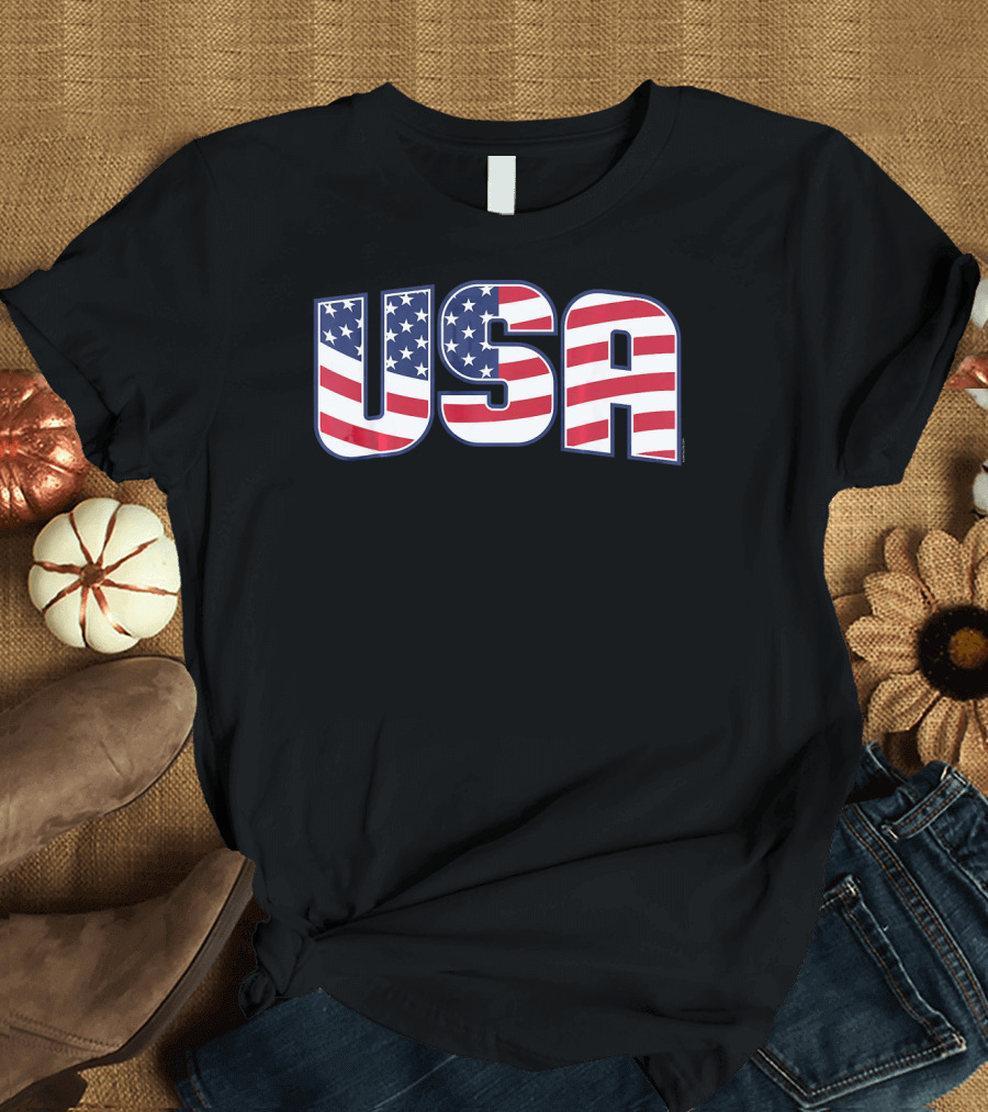 USA Flag Stars and Stripes Lettering T-Shirt