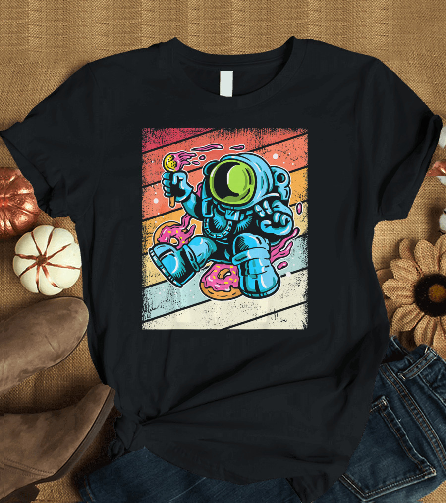 Astronaut Enjoying Ice Cream and Donuts in Retro Space Suit on Colorful T-Shirt