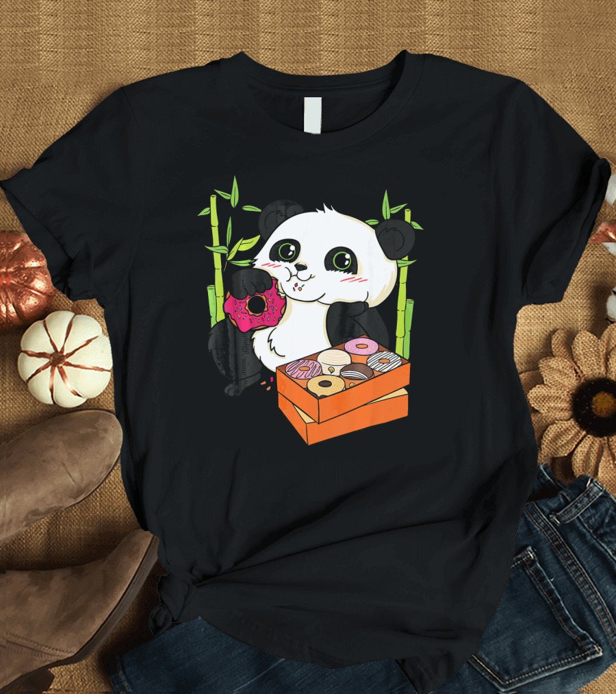 Panda Enjoying Box of Colorful Donuts with Bamboo Background T-Shirt