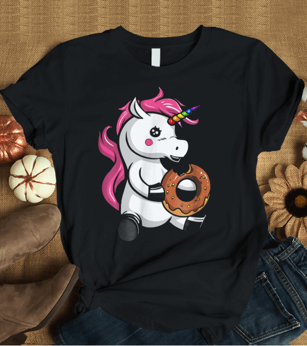 T-Shirt: Magical Unicorn with Rainbow Horn Enjoying Chocolate Donut T-Shirt Magical Unicorn with Rainbow Horn Enjoying Chocolate Donut T-Shirt