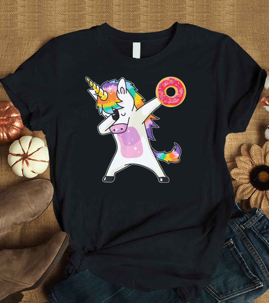 Cute Dabbing Rainbow Unicorn Holding Doughnut Donut T-Shirt
