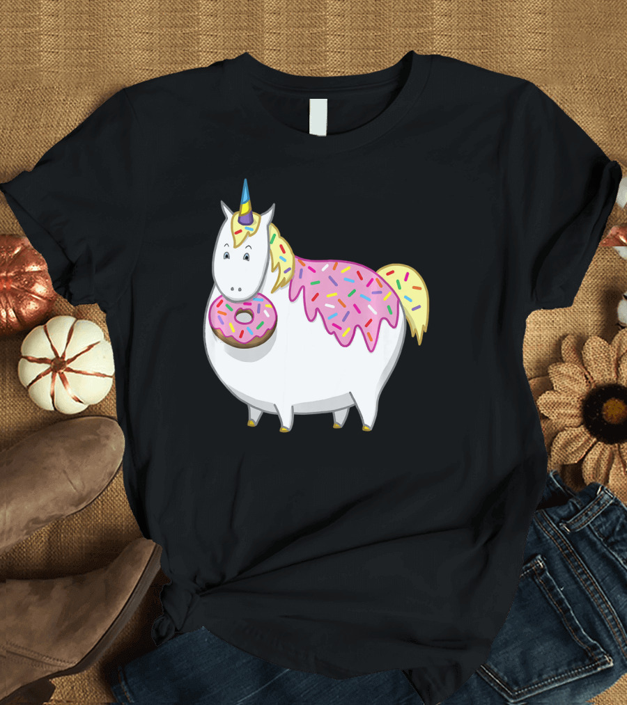 Funny Cute Fat Unicorn with Pink Frosting Doughnut T-Shirt