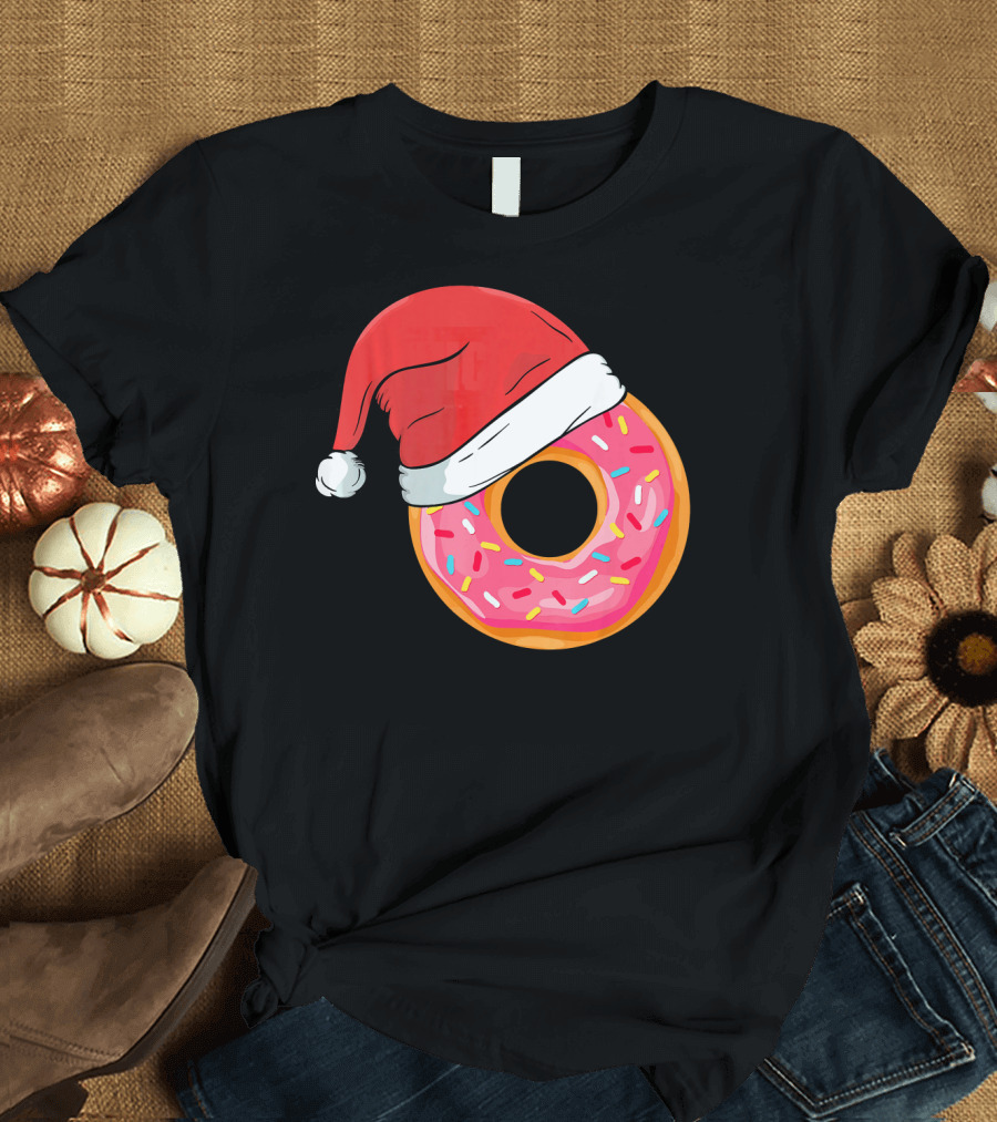 Santa Hat on Sprinkled Donut Holiday Humor T-Shirt