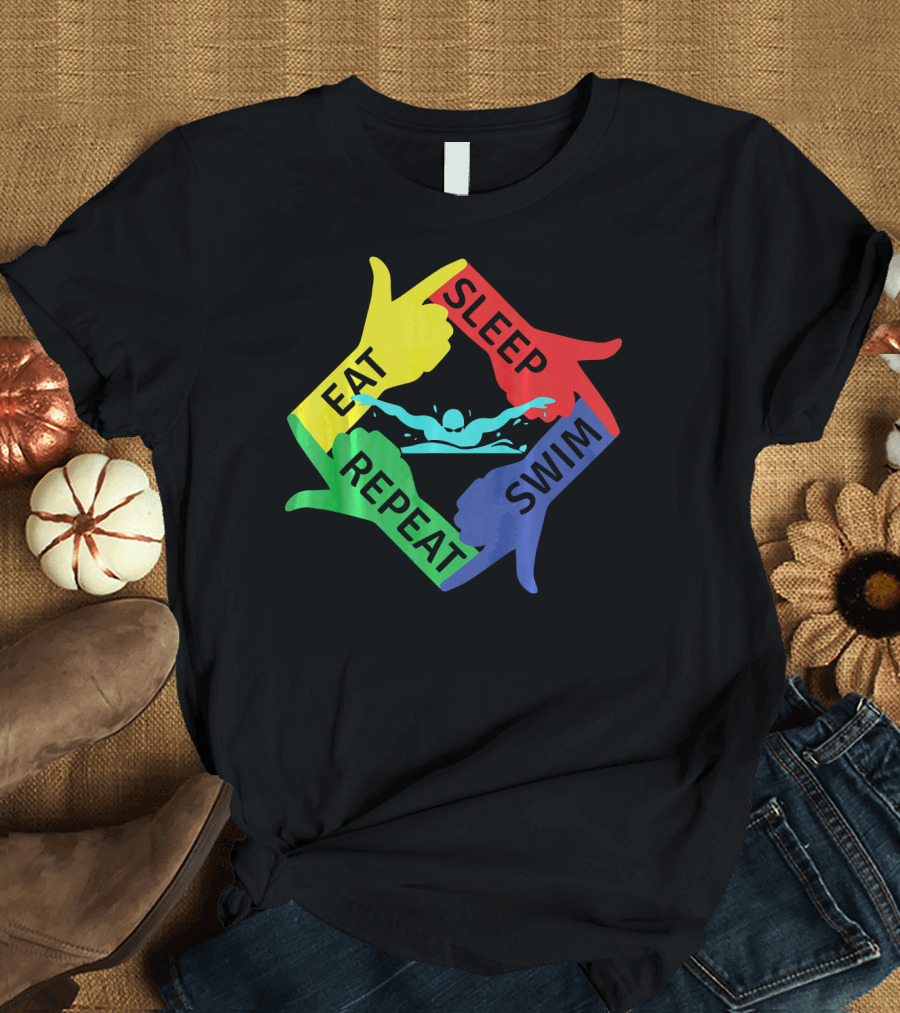 Eat Sleep Swim Repeat Funny Swim Cycle with Colorful Hand Signs T-Shirt