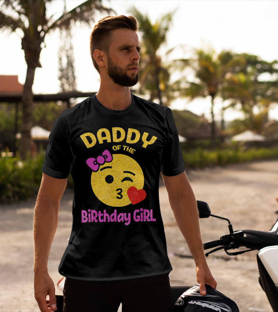 Daddy Of The Birthday Girl Emoji Pink Glitter Heart Bow T-Shirt