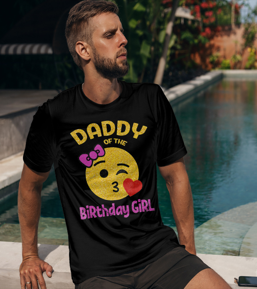 Daddy Of The Birthday Girl Emoji Pink Glitter Heart Bow T-Shirt