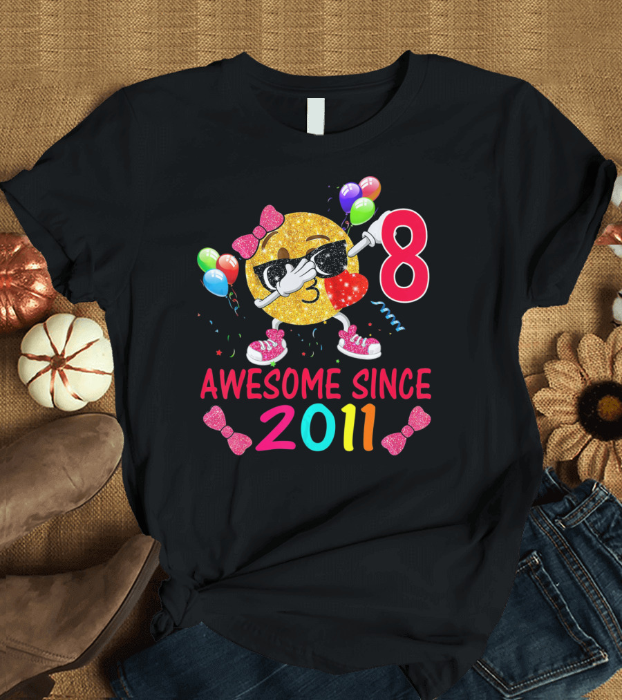 8 Awesome Since 2011 Dabbing Emoji with Balloons and Bows T-Shirt