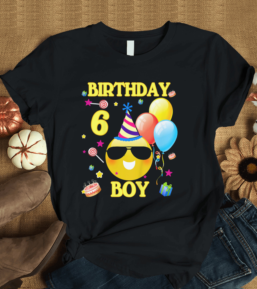 Birthday 6 Boy Emoji with Party Hat and Balloons T-Shirt