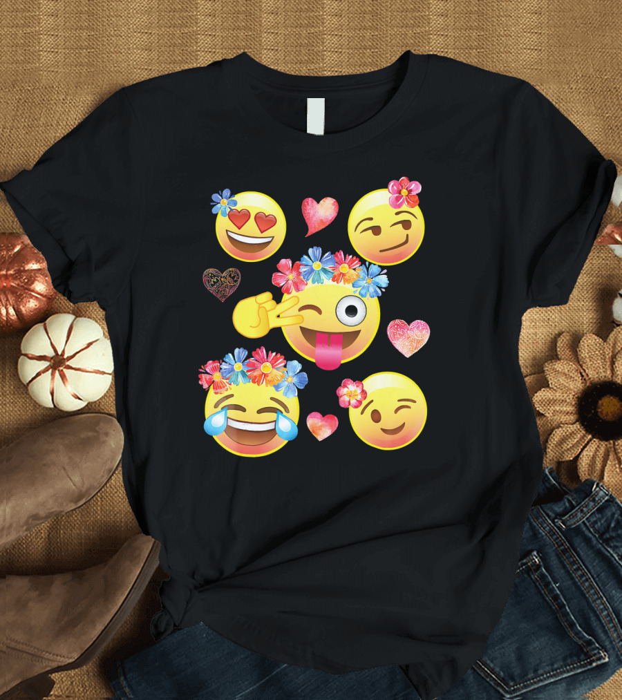 Cute Emoji Flower Crowns Heart Eyes Wink Tongue Out Laughing Crying Hearts T-Shirt