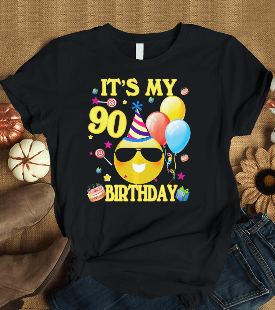 It's My 90 Birthday Cute Emoji Cake Balloons Party Hat T-Shirt
