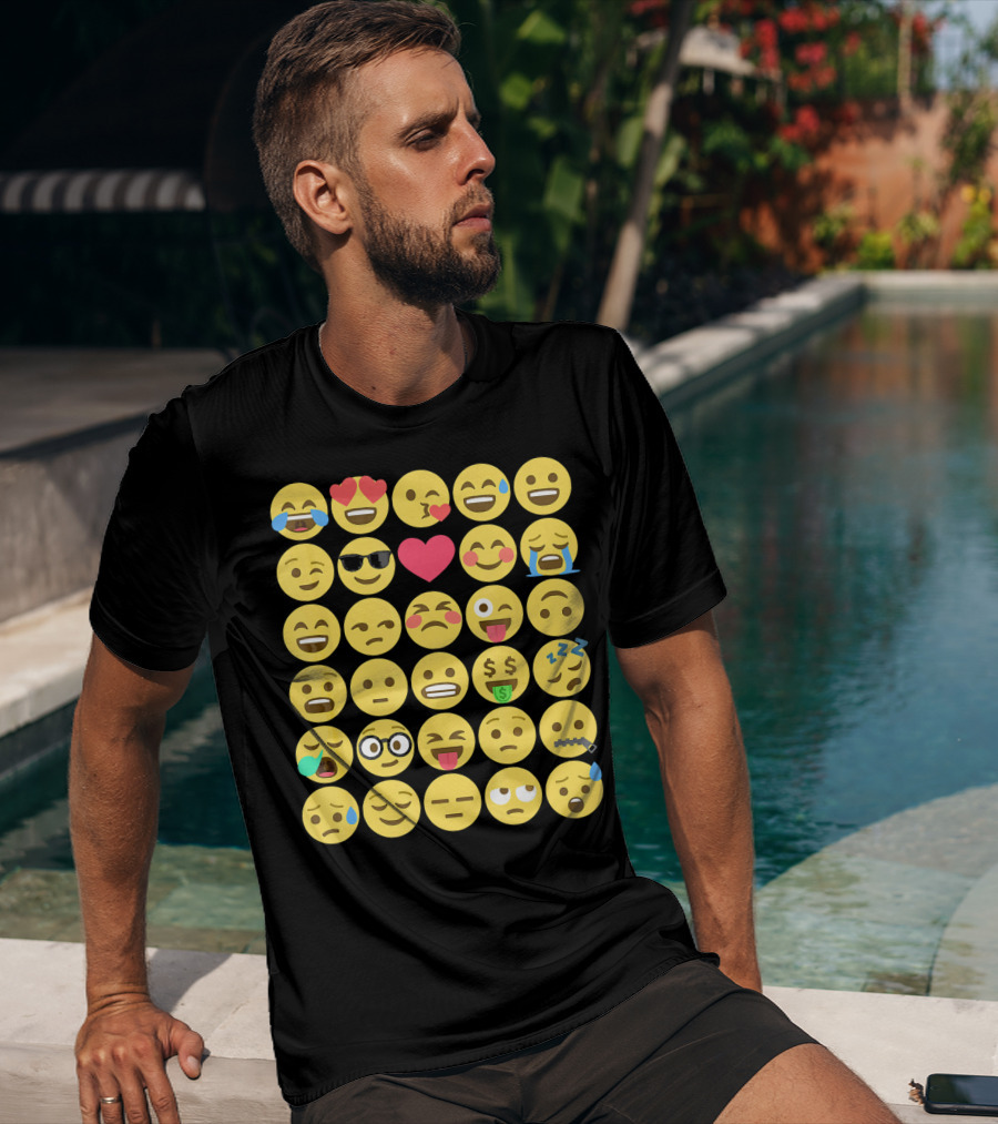 Emoji Emoticons Smiley Faces Heart Sunglasses Laughing Crying Stack T-Shirt
