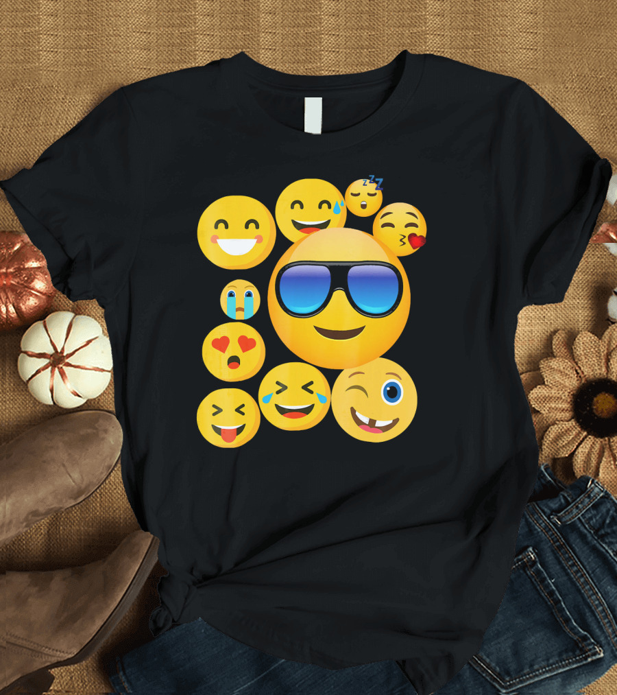 Emoji Wear Cool Smiley Faces with Sunglasses and Cute Emoticon Expressions T-Shirt
