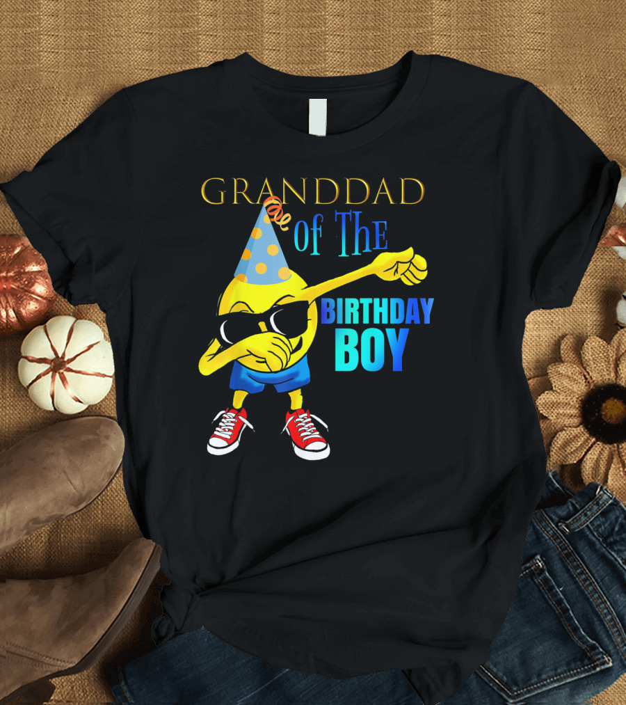Granddad of the Birthday Boy Dabbing Emoji Party Hat Sunglasses Celebrations T-Shirt