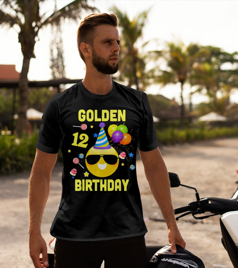 Golden Birthday 12 Emoji Party Hat Sunglasses Balloons Confetti T-Shirt