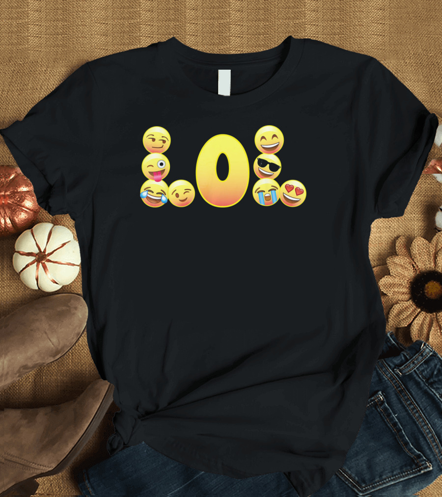 Emoji LOL Face with Laughing Tongue Wink Sunglasses Tears Hearts T-Shirt
