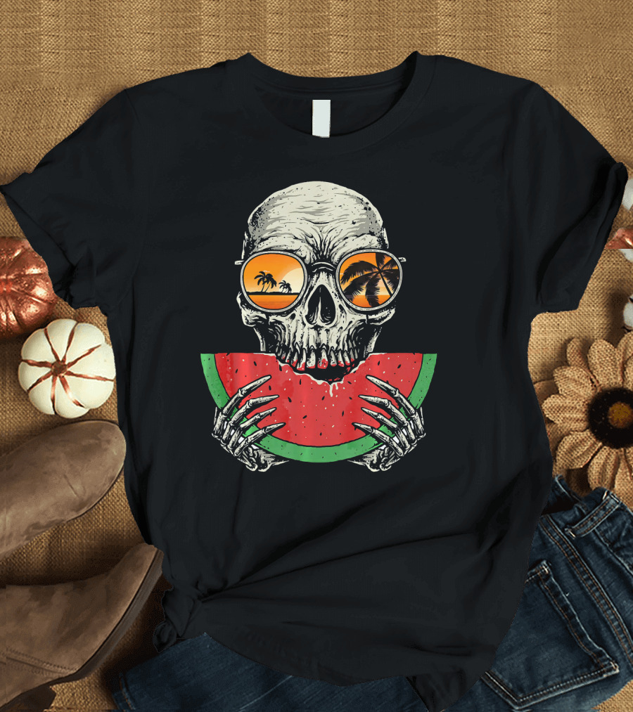 Watermelon Skull Wearing Summer Glasses with Beach Reflections T-Shirt