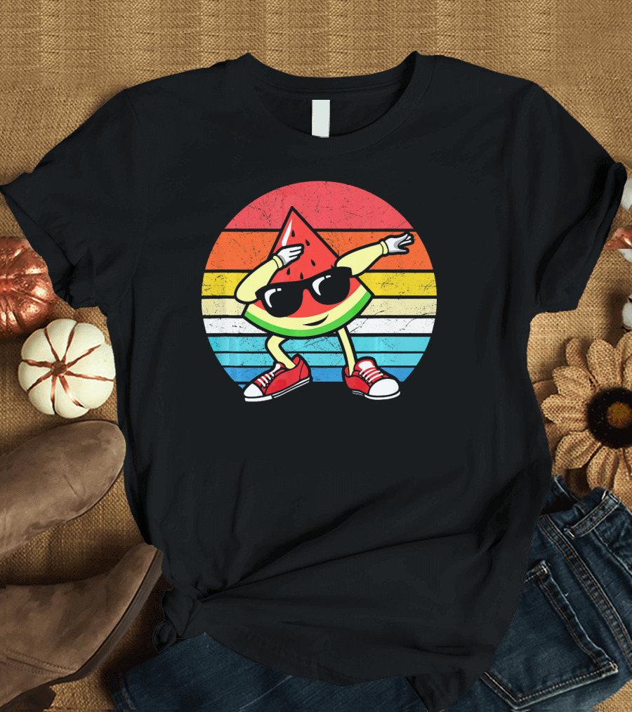 Dabbing Watermelon Vintage Summer Retro Sunset Stripes T-Shirt