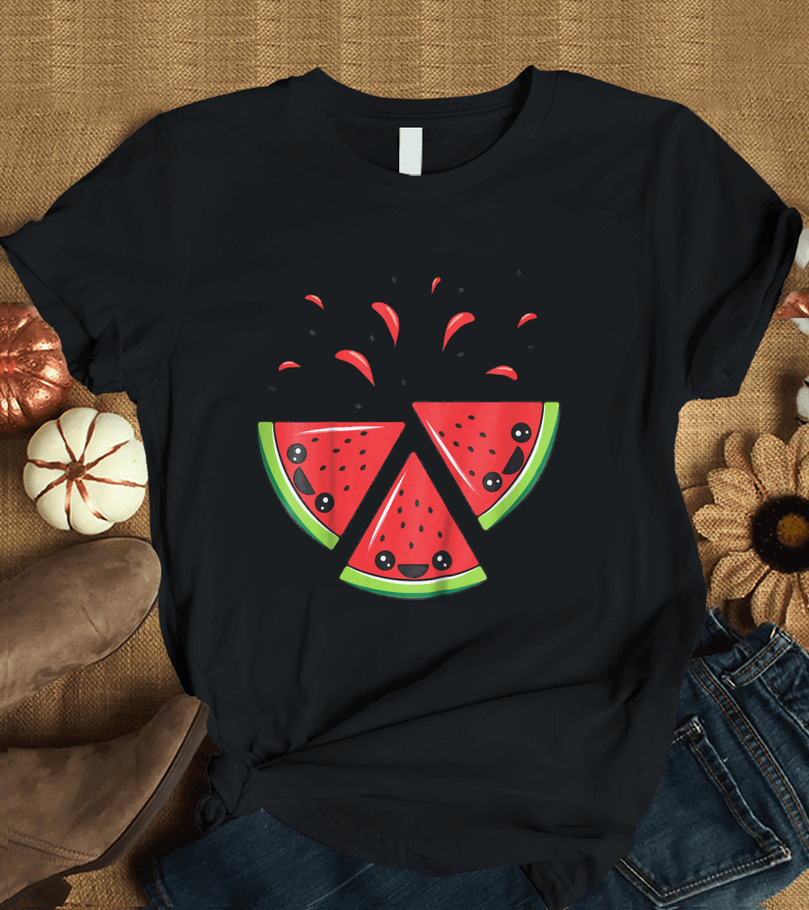Kids Cute Watermelon Slices With Smiling Faces and Seeds T-Shirt