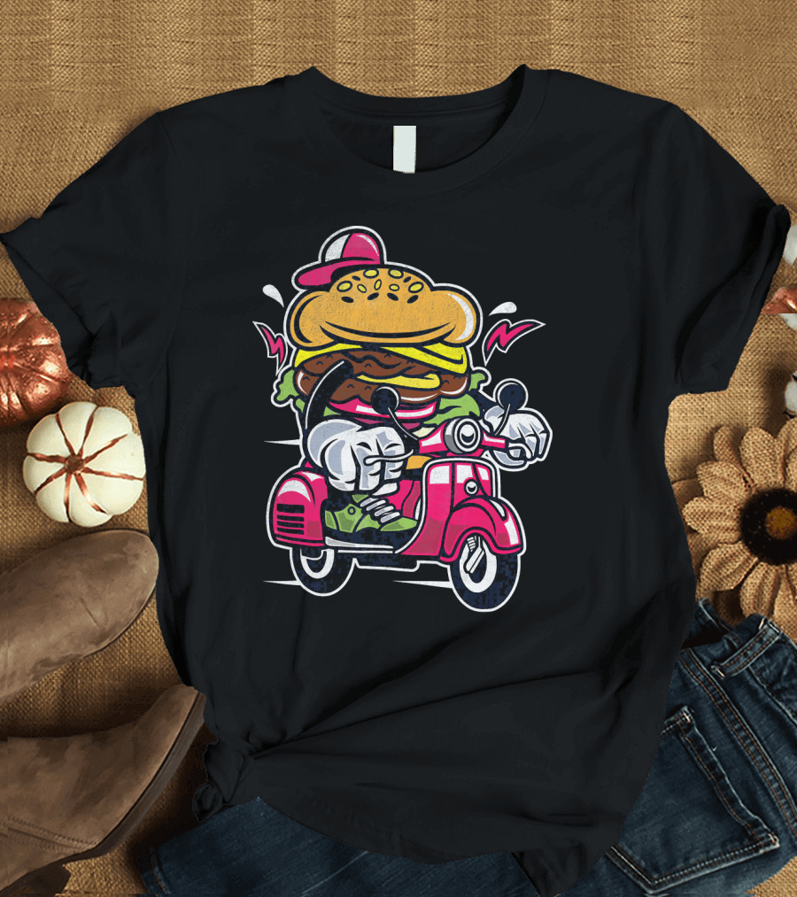 Vintage Scooter Burger Cartoon Rider T-Shirt