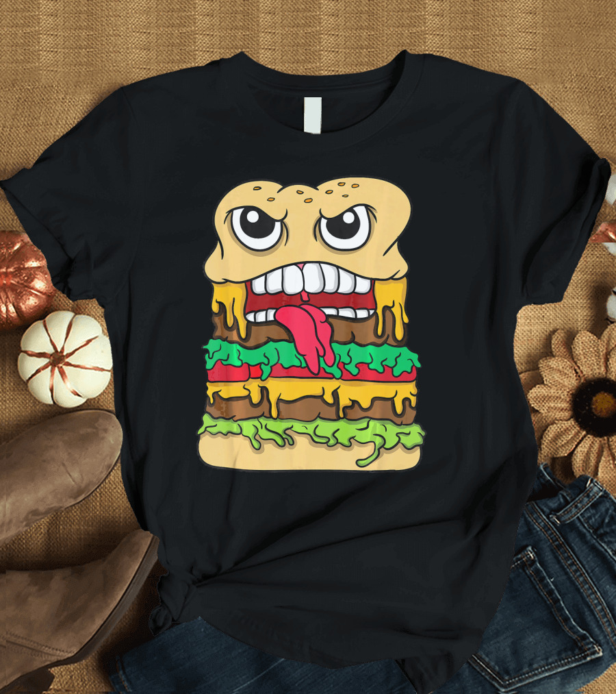 Burger Hamburger Cheeseburger Face with Tongue Out Lettuce and Cheese Layers T-Shirt