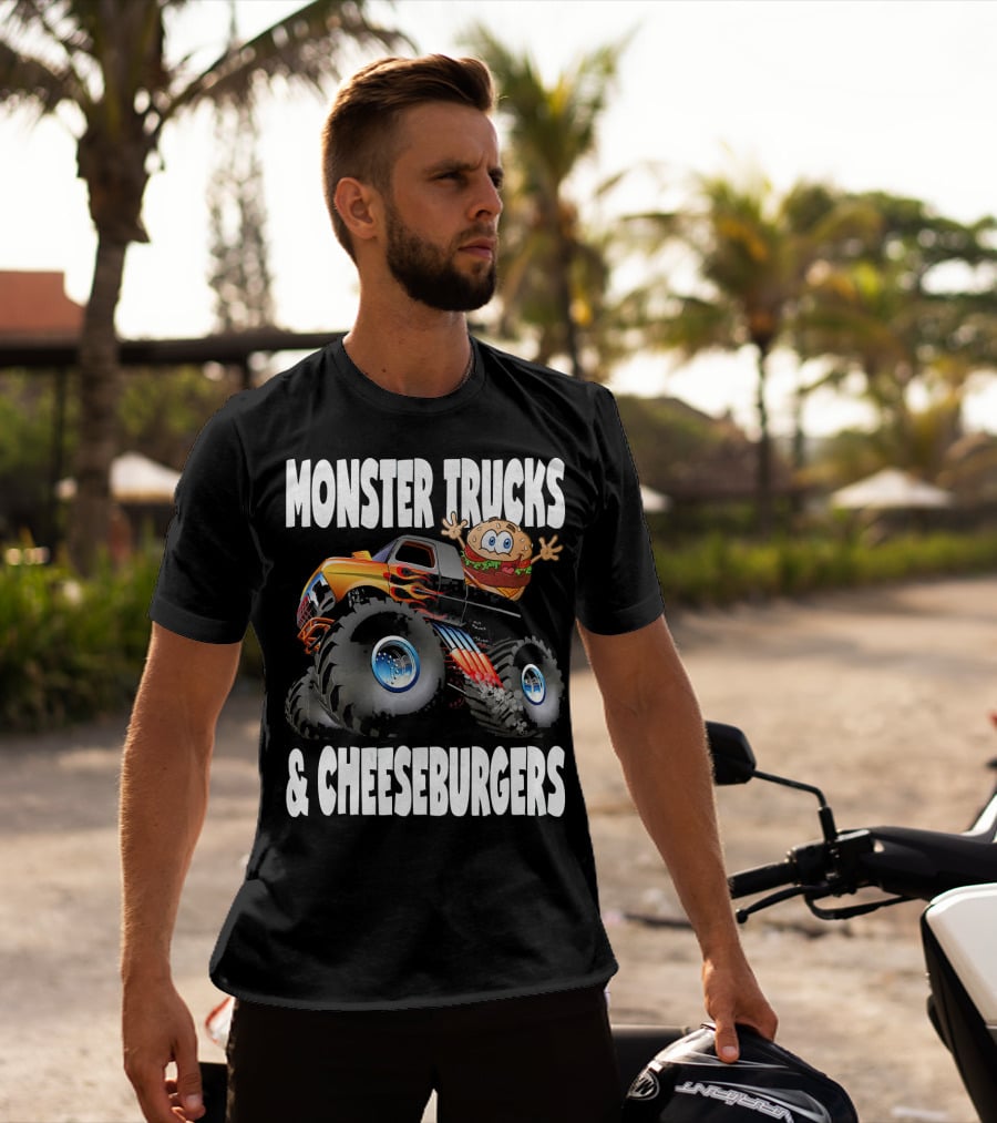 Monster Trucks And Cheeseburgers With Cartoon Cheeseburger Driver T-Shirt