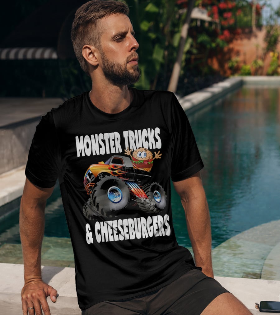 Monster Trucks And Cheeseburgers With Cartoon Cheeseburger Driver T-Shirt