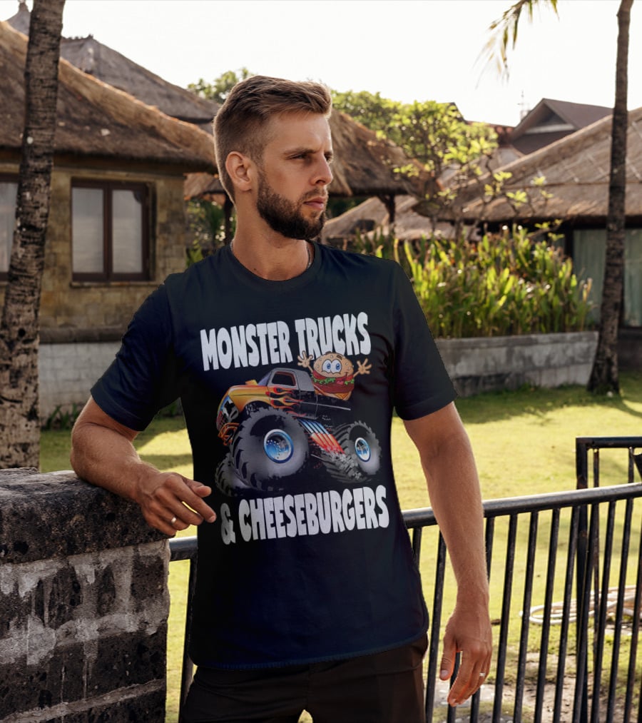Monster Trucks And Cheeseburgers With Cartoon Cheeseburger Driver T-Shirt