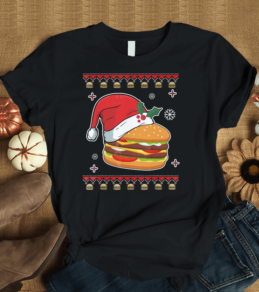 Santa Hat Hamburger Christmas Ugly T-Shirt
