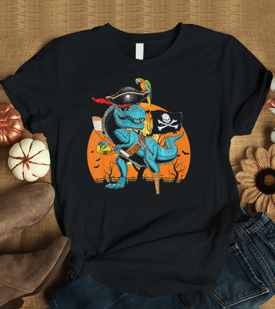 Jolly Roger Dinosaur Pirate Hockey with T-Rex and Parrot T-Shirt