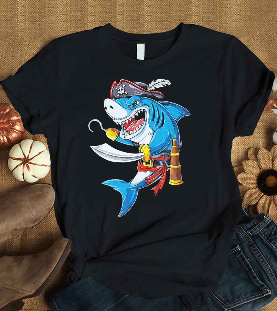 Shark Pirate Costume Jolly Roger Flag with Hook and Sword T-Shirt