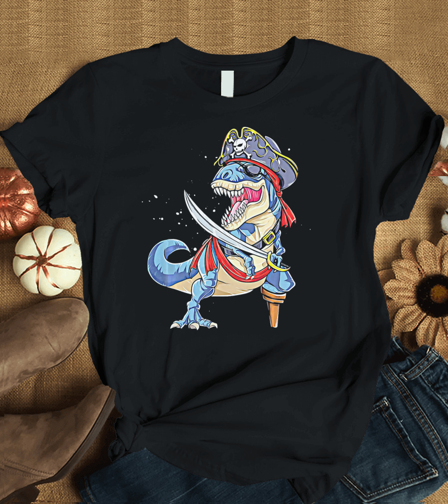 Pirate Dinosaur with Sword and Skull Hat T-Shirt