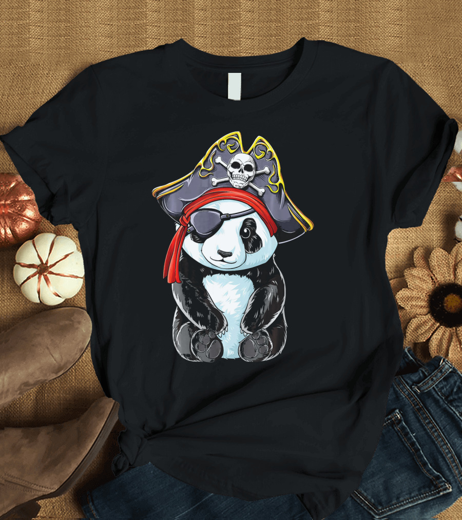 Panda Pirate Jolly Roger Skull Crossbones Eyepatch Bandana Hat T-Shirt