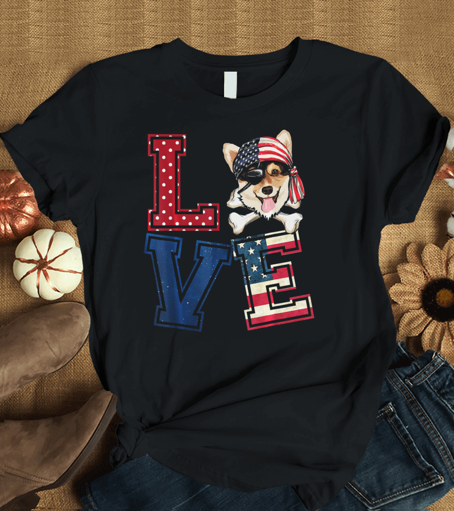 LOVE Corgi Pirate Face with American Flag Bandana and Lettering T-Shirt