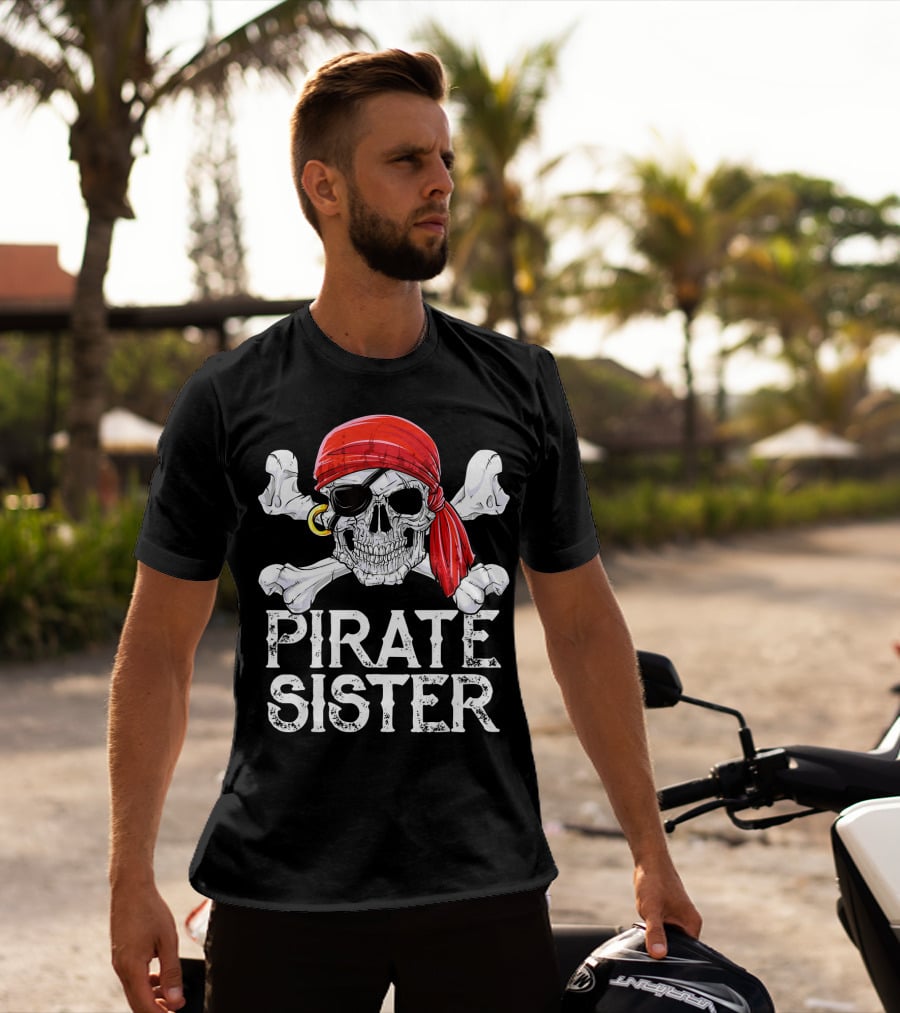 Pirate Sister Skull With Red Bandana And Crossbones T-Shirt
