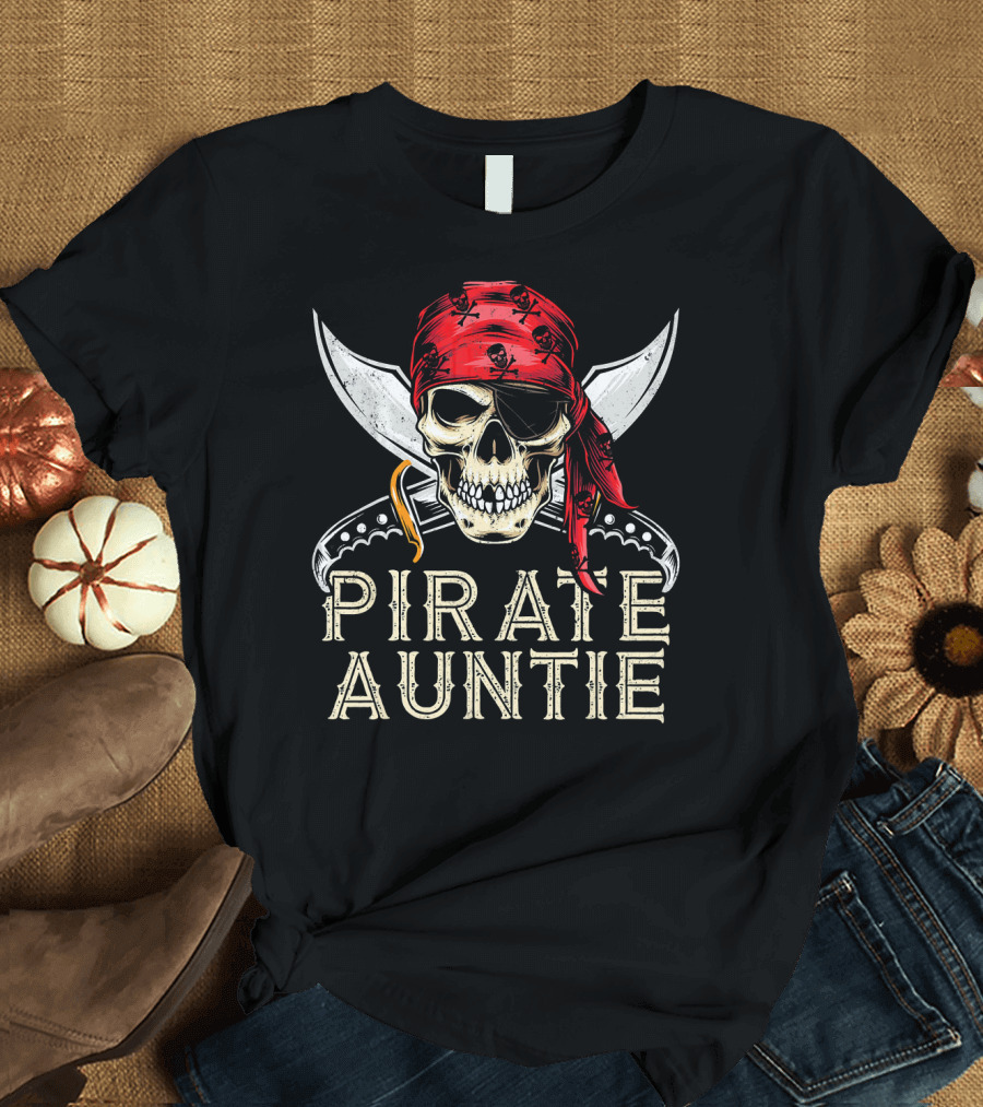 Pirate Auntie Jolly Roger Skull Bandana Crossed Swords T-Shirt