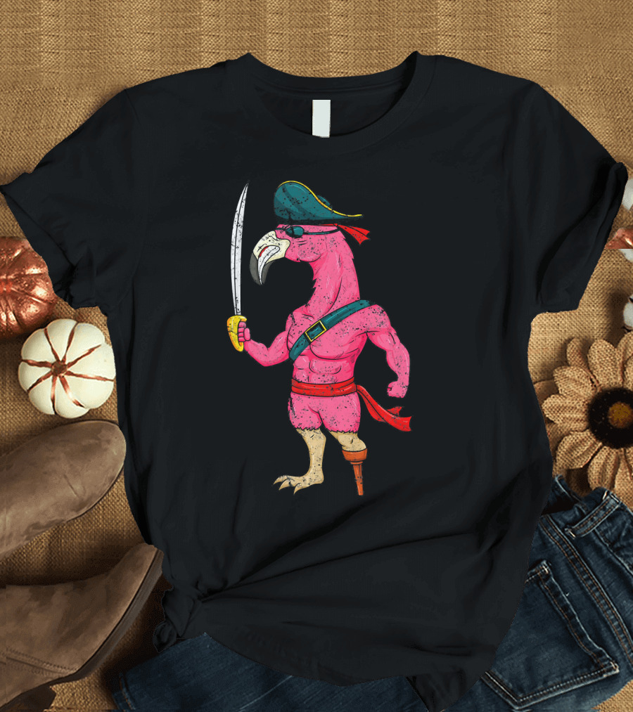 Vintage Pirate Pink Flamingo with Pirate Hat and Wooden Leg Sword T-Shirt