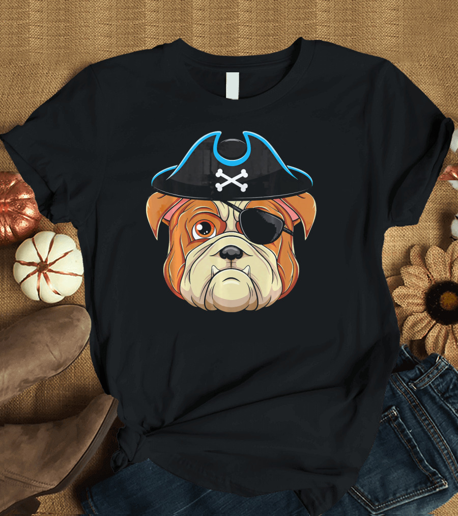English Bulldog Pirate Hat Eye Patch Skull Crossbones T-Shirt