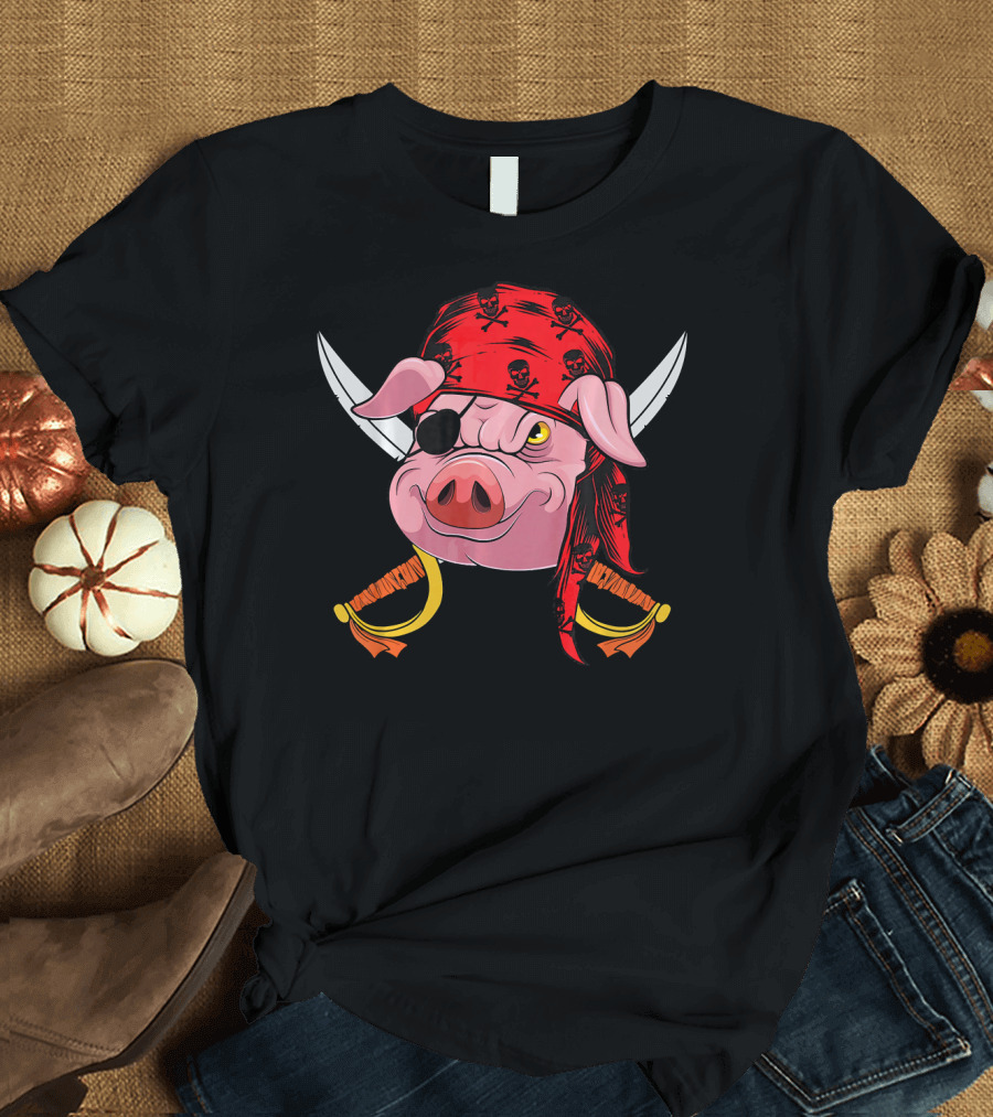 Pirate Pig with Eye Patch and Swords Halloween Costume T-Shirt