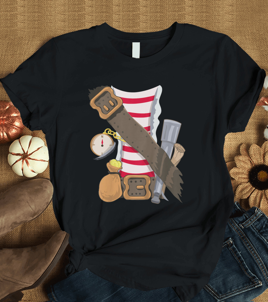 Kids Pirate Buccaneer Striped Shirt with Compass and Treasure Elements T-Shirt